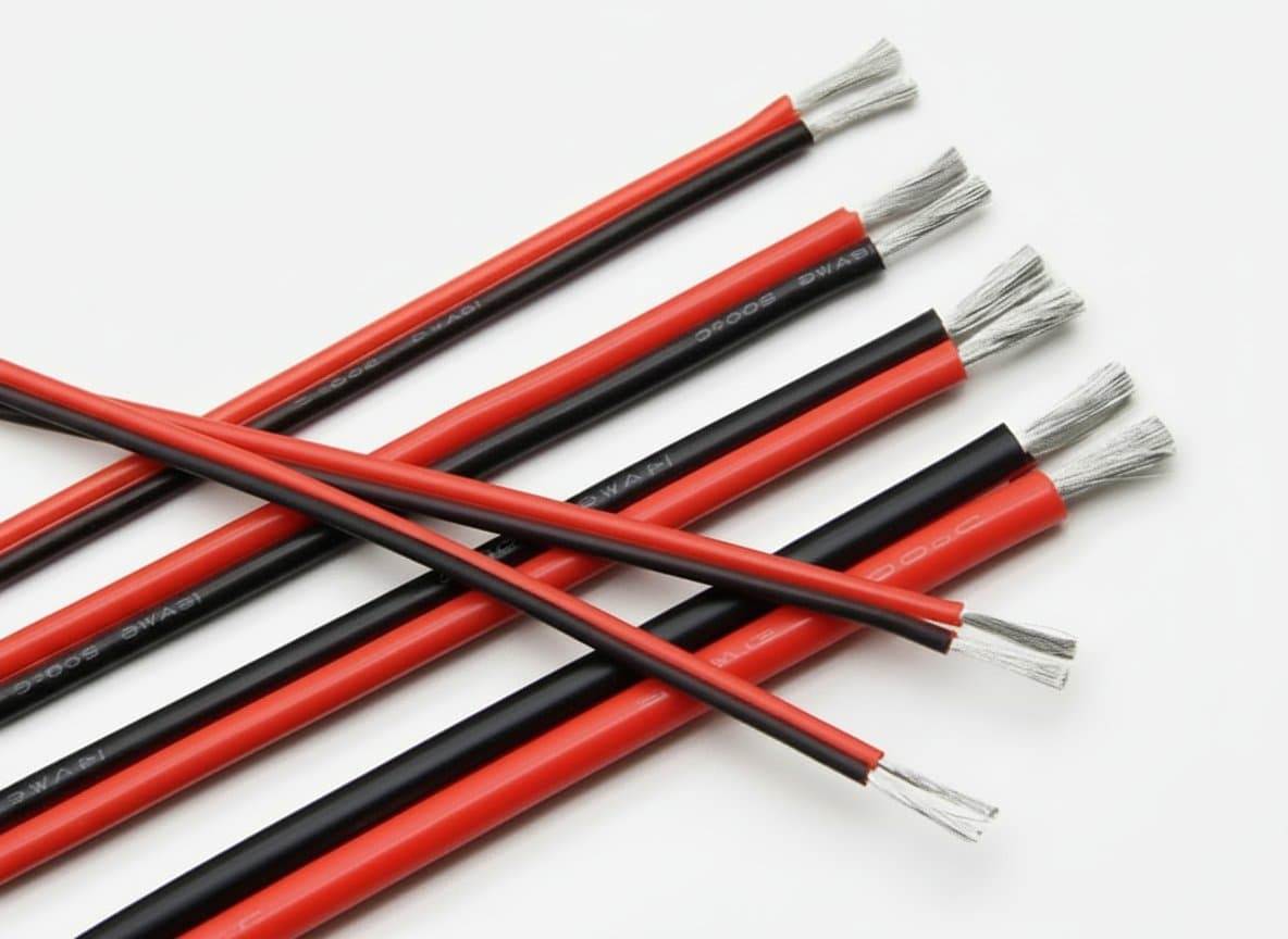 Super Soft 2 Pin silicone cable in black and red, showing high-temperature resistant copper wire in various AWG sizes from 28 to 8.