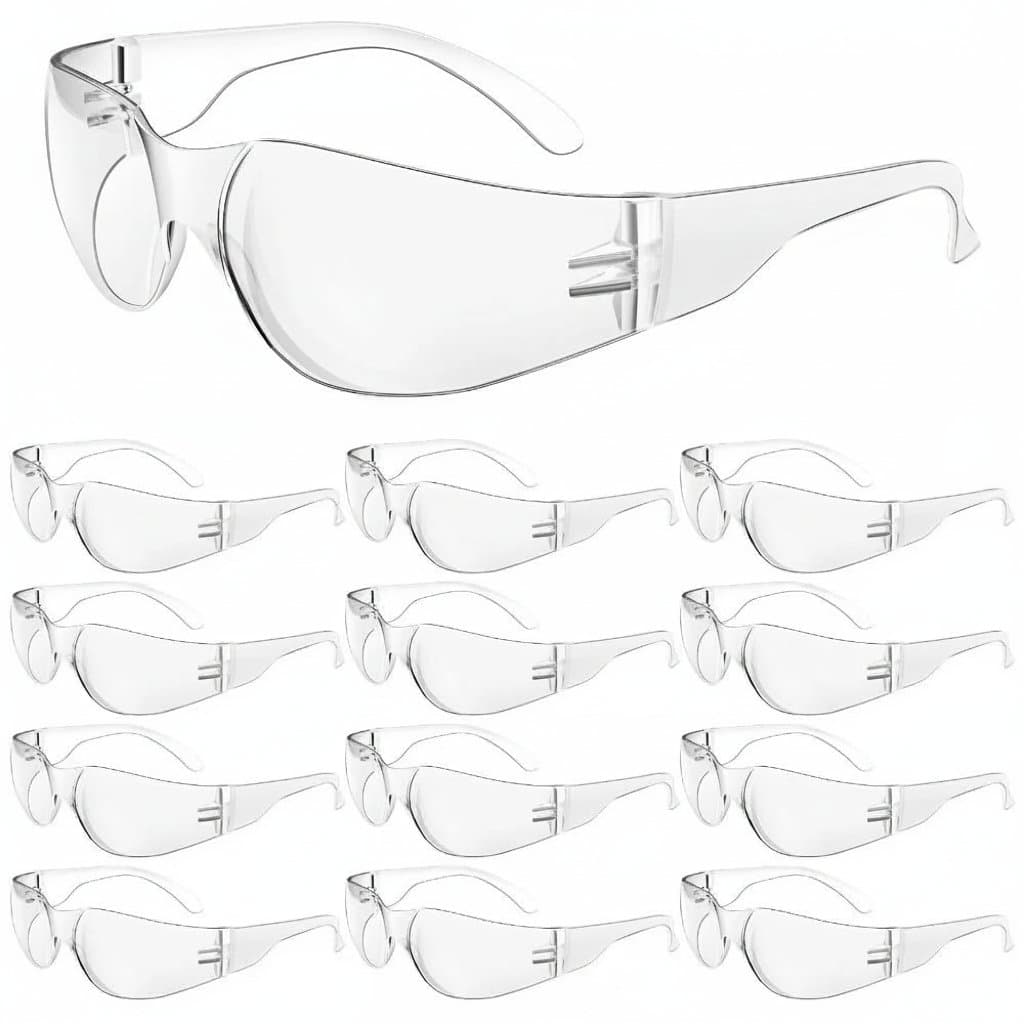 Pack of 10 clear safety glasses with anti-fog coating, scratch and impact resistance for work, lab, and general protective use.