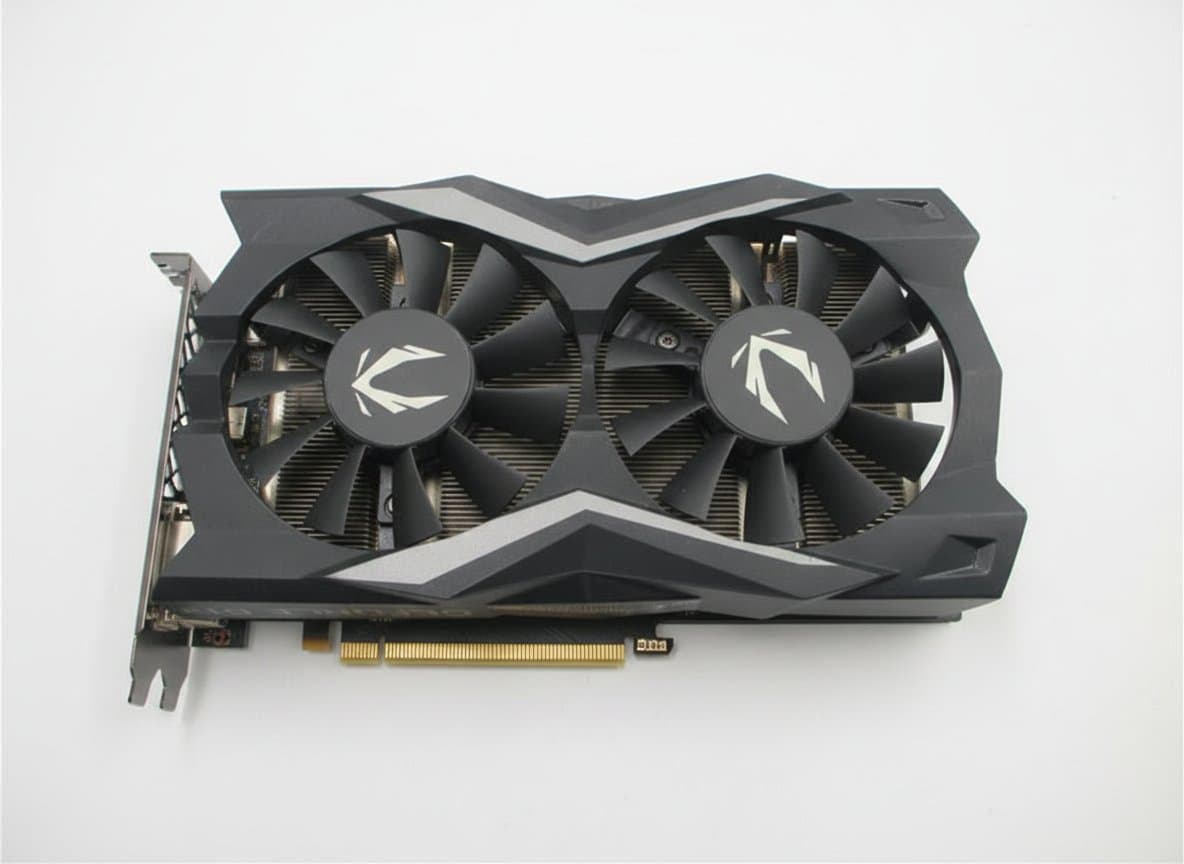 ZOTAC GeForce GTX 1050 Ti OC 4GB GDDR5 graphics card with APISTEK GA71S2H replacement cooling fan, showing the dual-fan heatsink and black PCB.