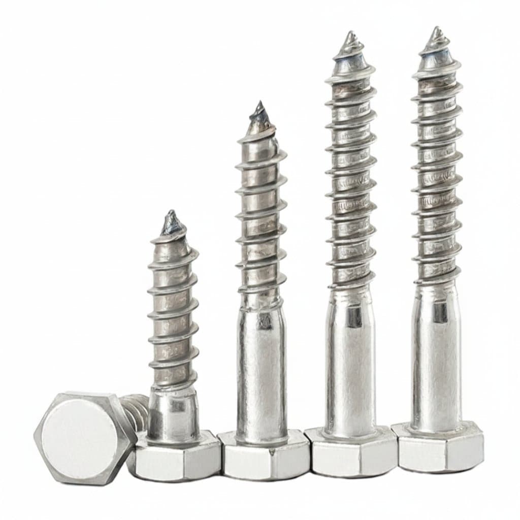 Assortment of 1 to 5 pieces of M6, M8, M10, and M12 316 A4 stainless steel hex head self-tapping screws with external hexagon heads for woodworking.