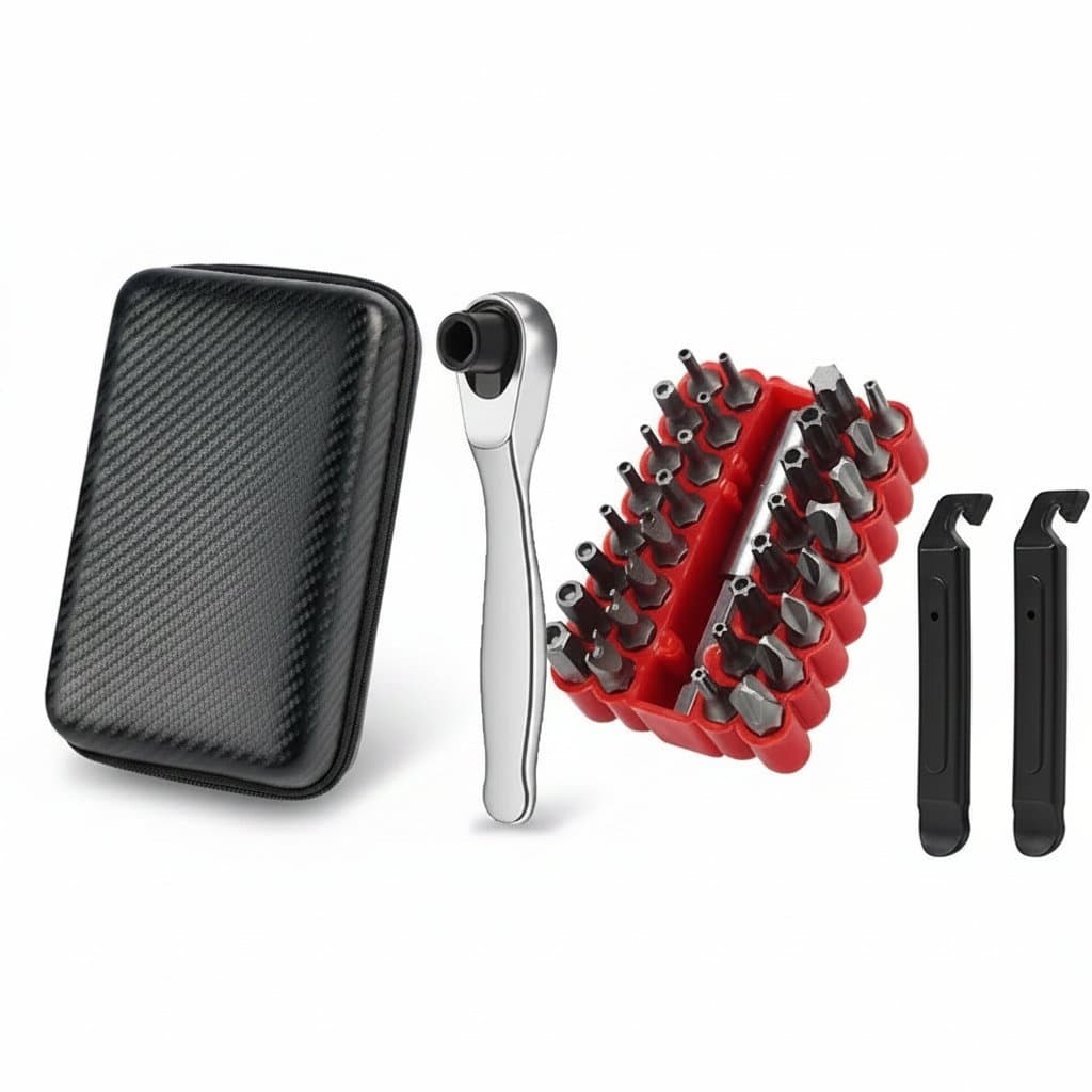 Portable bicycle repair tool set with Allen keys, spanner, ratchet wrench, screwdriver, and storage bag for MTB or road bikes.