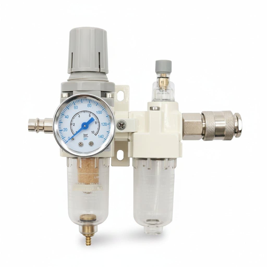 SMC Type AC2010-02 pneumatic filter regulator with manual drain, an oil water separator for compressor air lines.