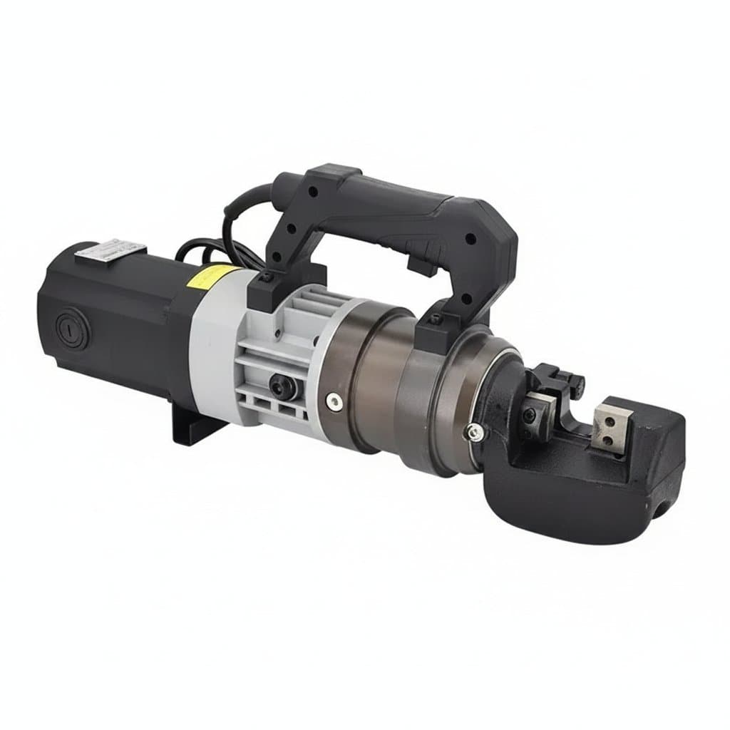 Portable electric hydraulic rebar cutter and bender on a construction site, cutting through thick steel rebar with precision and power.