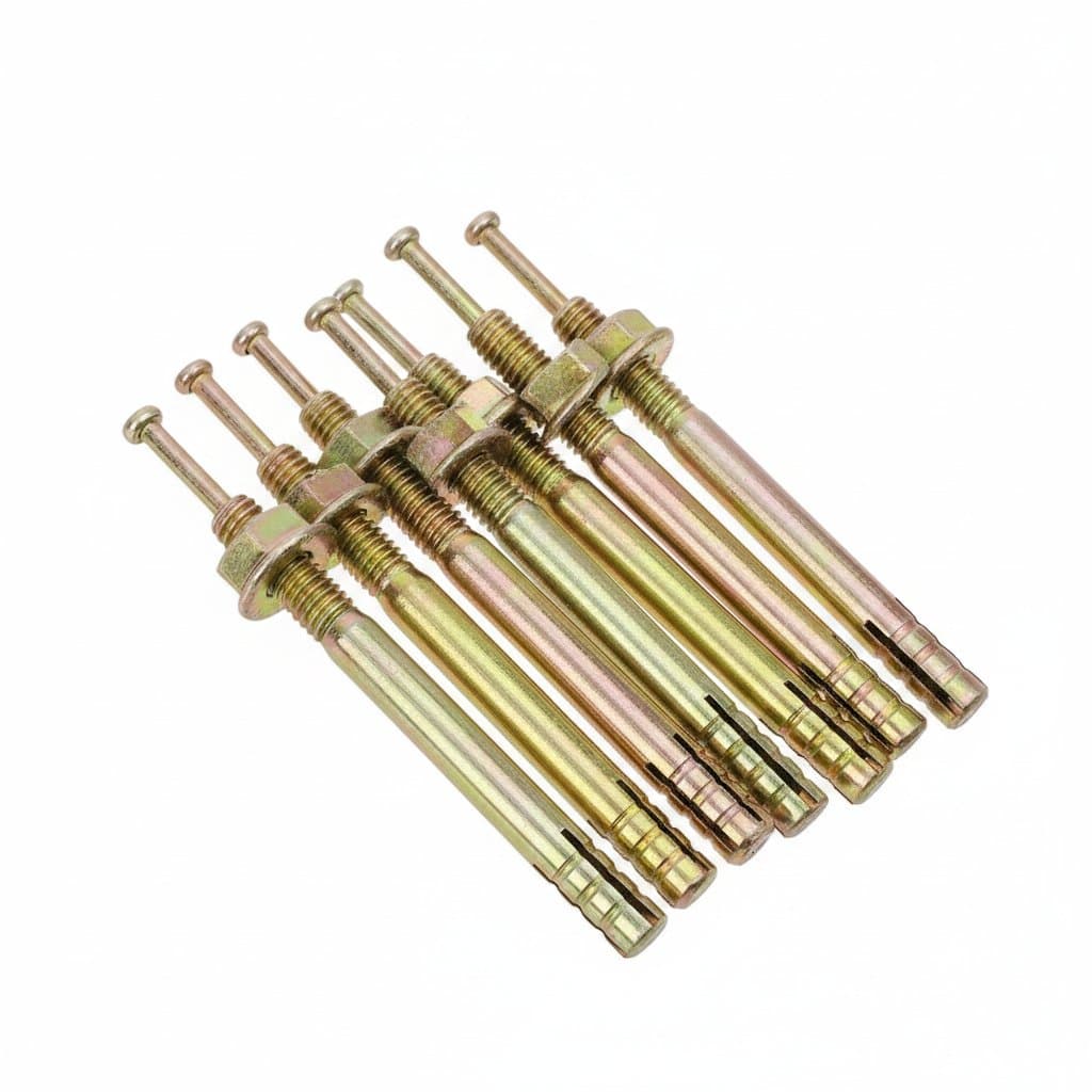 Assortment of carbon steel expansion bolt anchors with hammer drive design for heavy-duty concrete and wall fixing applications.