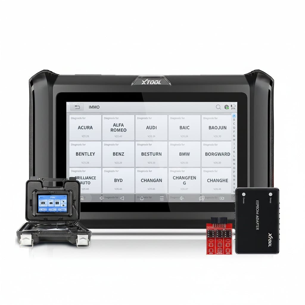 The XTOOL X100 PADS car key programmer, a key generator and all-system diagnostic tool for reading PIN codes, an advanced device that pairs well with a spark plug gap tool.