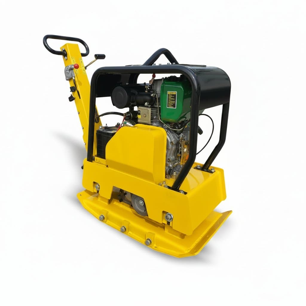 Hand-pushed vibratory plate compactor for compacting road surfaces, soil, and asphalt in construction and landscaping applications.