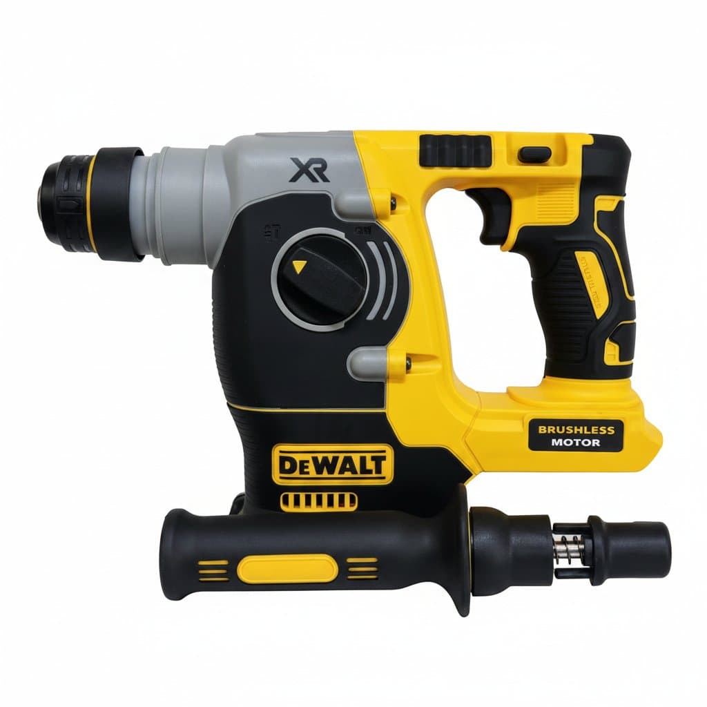 DEWALT 18V/20V MAX Brushless Rotary Hammer Drill, a cordless SDS-plus tool for concrete drilling and chiseling, shown front angle.