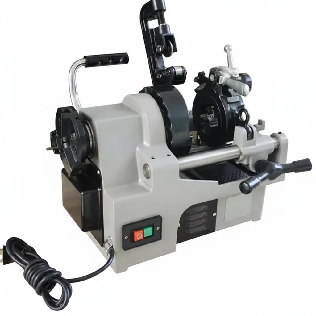 ZT-25AF portable electric pipe cutter and threader on a workbench, showcasing its compact design and integrated cutting and threading functions.