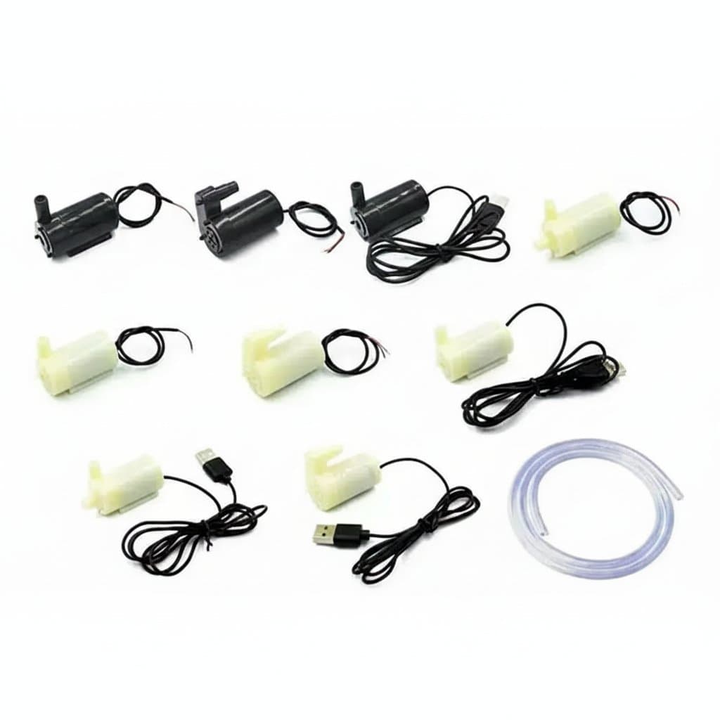 A compact micro submersible water pump suitable for 3V or 5V DC power, ideal for small aquariums, fountains, or garden water features.