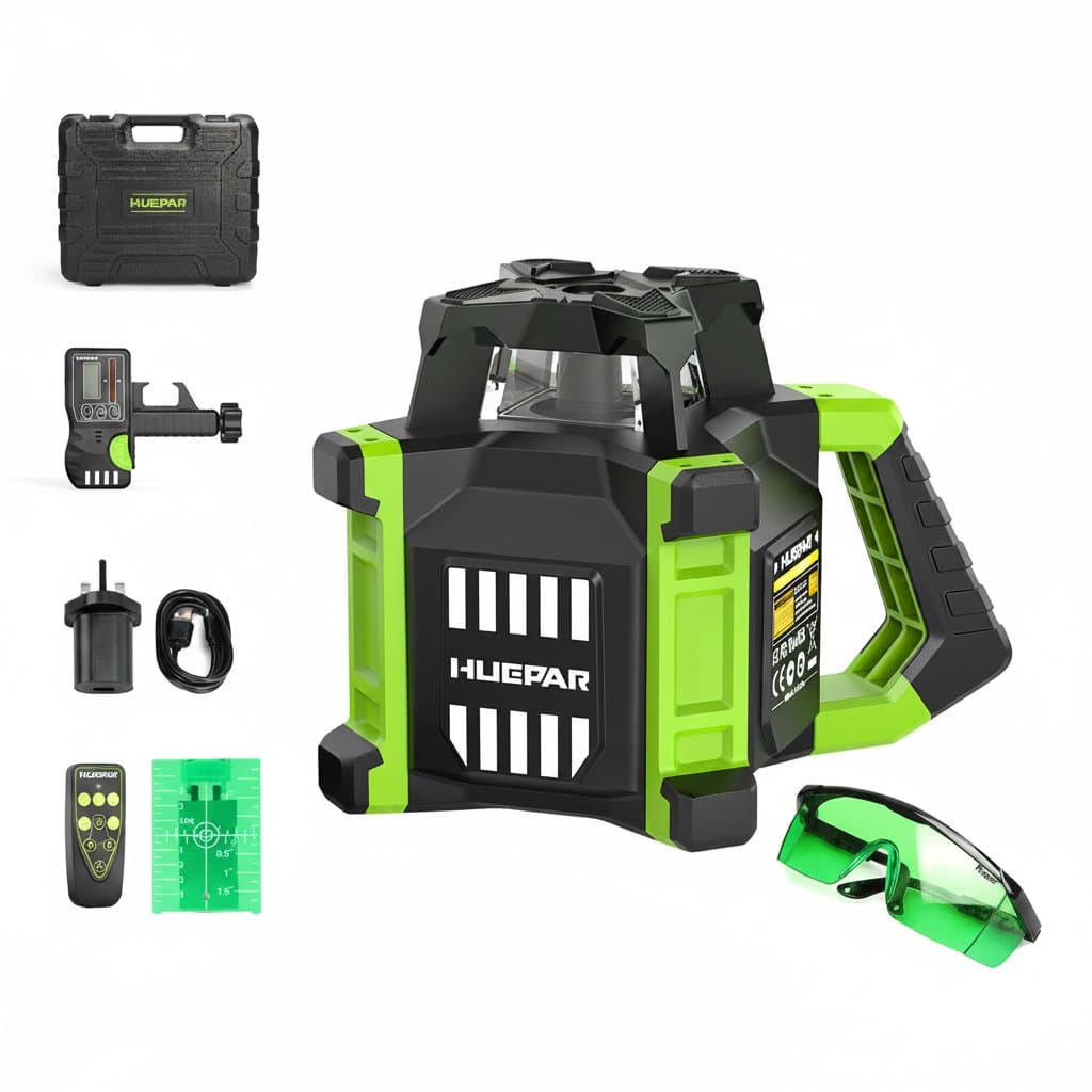 Rotary Laser Level | Green Beam with Plumb Points | Remote Control & Receiver Kit