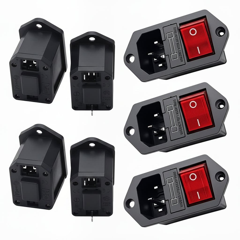 10A 250V AC power inlet socket with rocker switch, fuse holder, and three terminals for secure electrical connections.