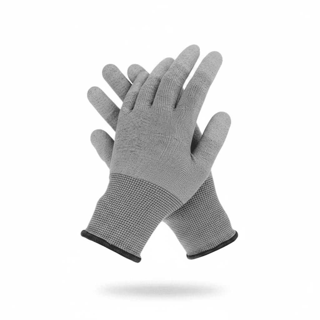 Vinyl gloves for phone repair, a grey pair on a plain white background.