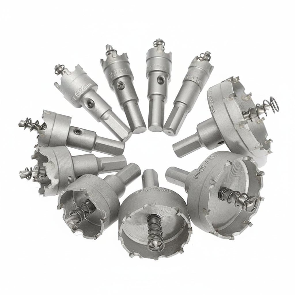 10-piece alloy hole saw set with carbide-tipped teeth for drilling stainless steel and metal, includes 16mm to 53mm sizes.