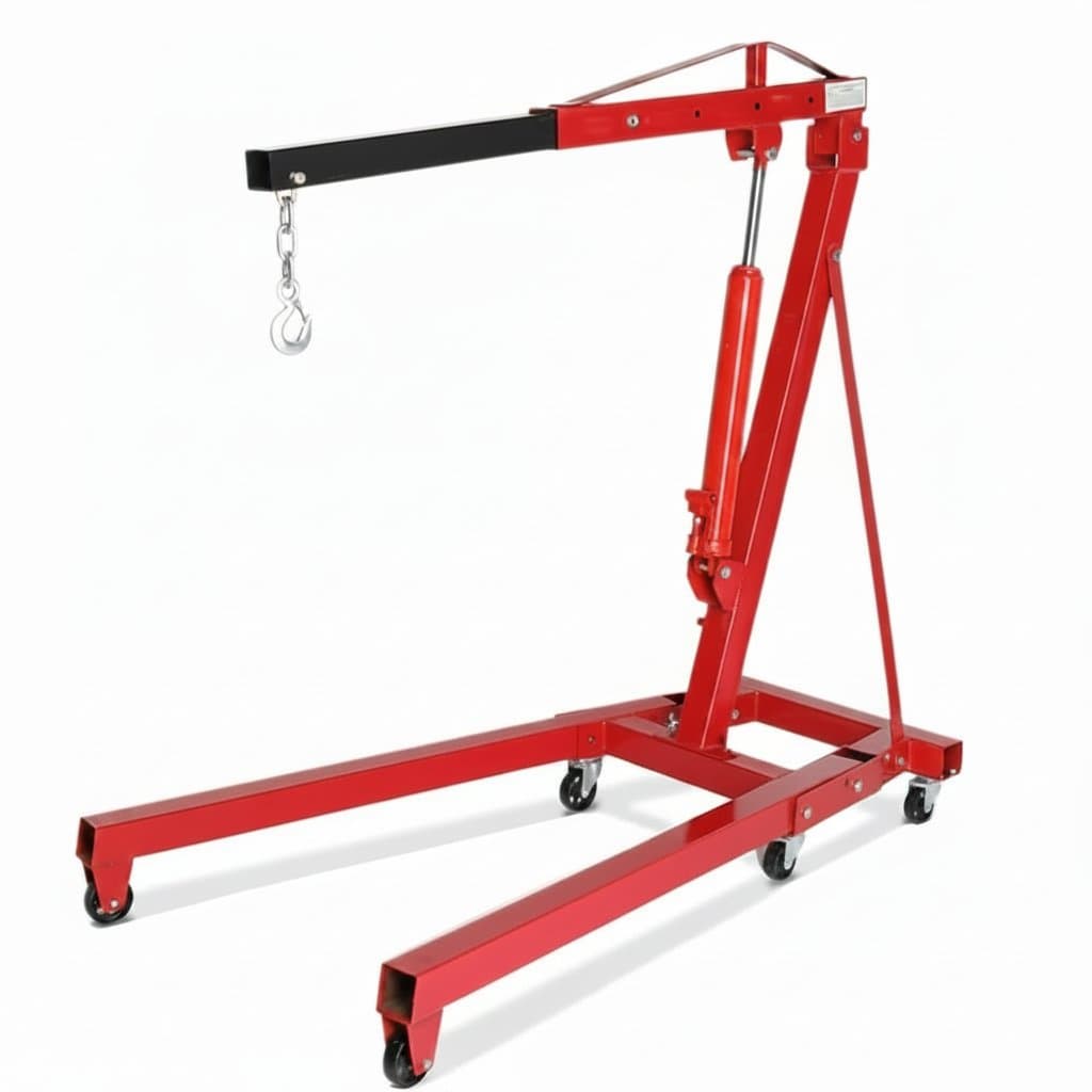Heavy-duty 2 ton folding hydraulic engine hoist cherry picker with yellow steel frame, lifting a vehicle engine block in a workshop.