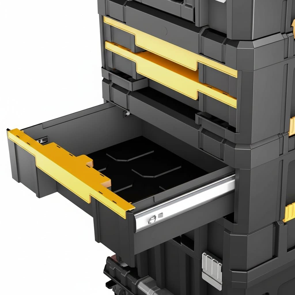 AIRAJ stackable modular combo toolbox set with wheels for space-saving assembly and easy mobility in workshops.