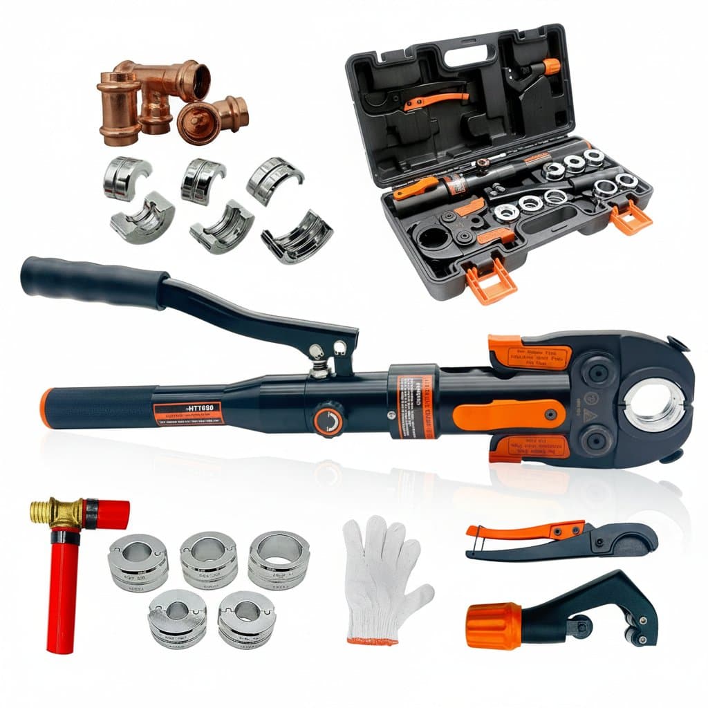 Professional hydraulic copper press tool with pex crimping jaws for 1/2 inch fittings, featuring a durable red and black ergonomic handle.