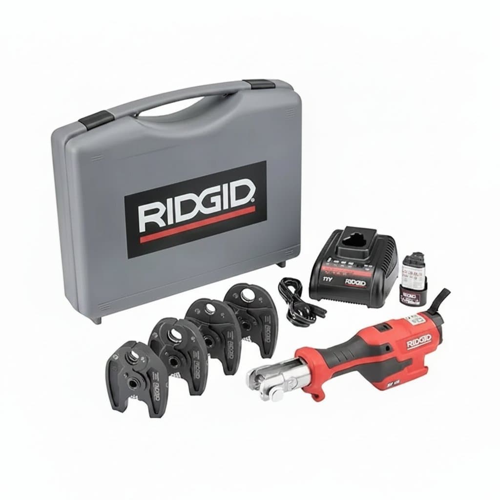 RIDGID RP 306 Mini Press Tool battery kit with PureFlow jaws for pressing 1/2-inch to 3/4-inch pipes.