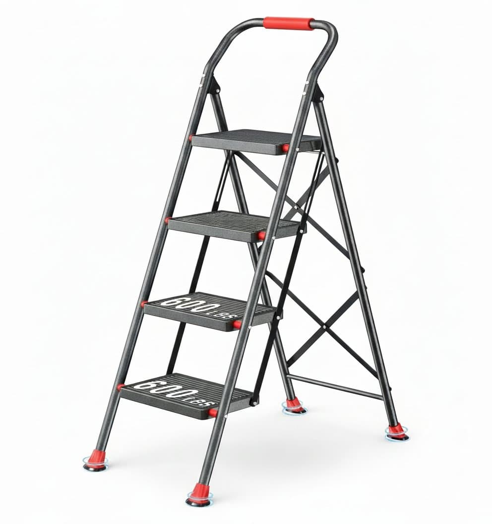 Heavy-duty 4-step folding ladder with secure handrails, supporting 600 lbs for safe kitchen and home use.