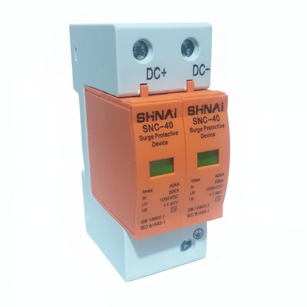 Surge Protective Device SPD for DC solar systems, 500V to 1000V 2-pole DIN rail arrester with 20KA to 40KA protection rating.