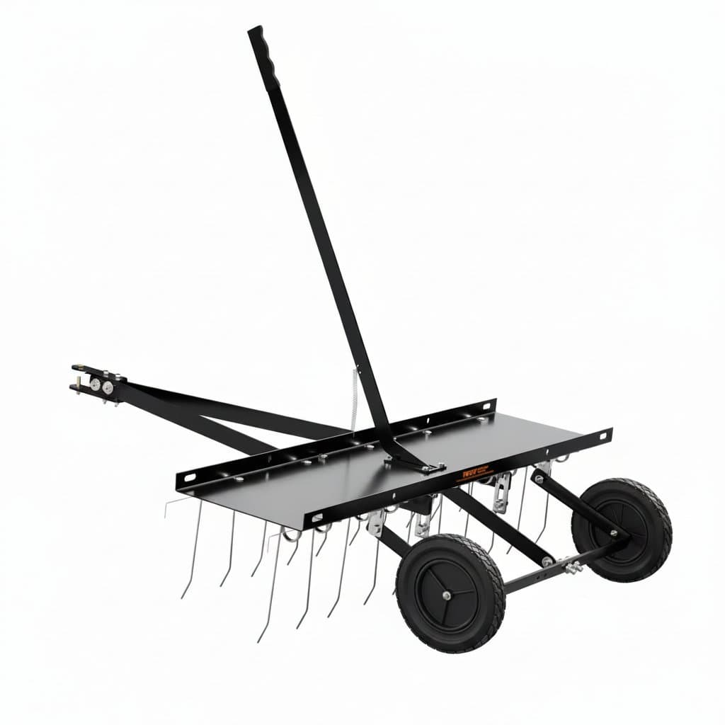 Tow-behind dethatcher with 40-inch width and 20 spring steel tines for ATV or mower attachment. Efficient lawn dethatcher for large yard maintenance.