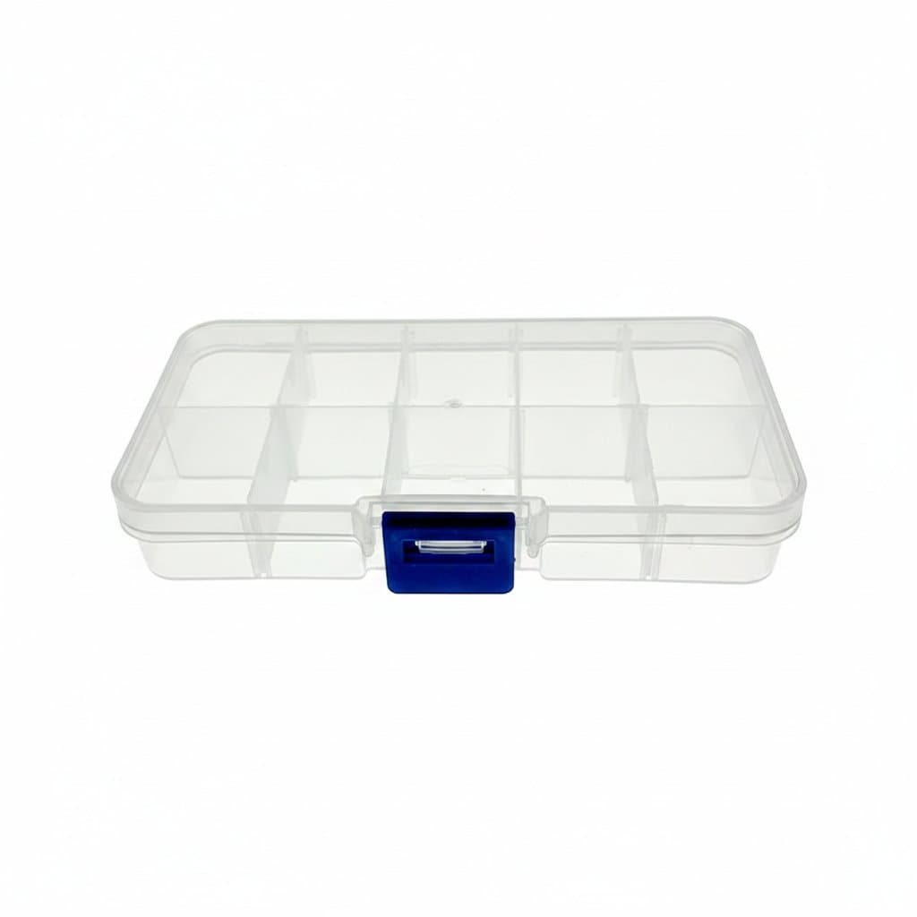 A transparent plastic storage box with 10 removable grids for organizing jewelry, electronic components, and small parts.