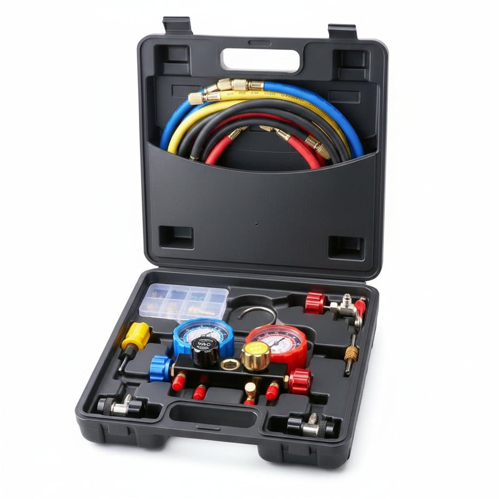 A comprehensive car AC recharge kit with a 4-way manifold gauge set and five-foot hoses for various refrigerants.