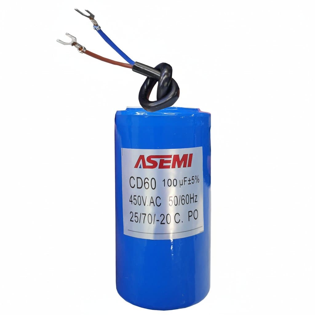 ASEMI CD60 motor run capacitor, 300 microfarads 450VAC, with durable metal case and insulated terminals for industrial machinery.