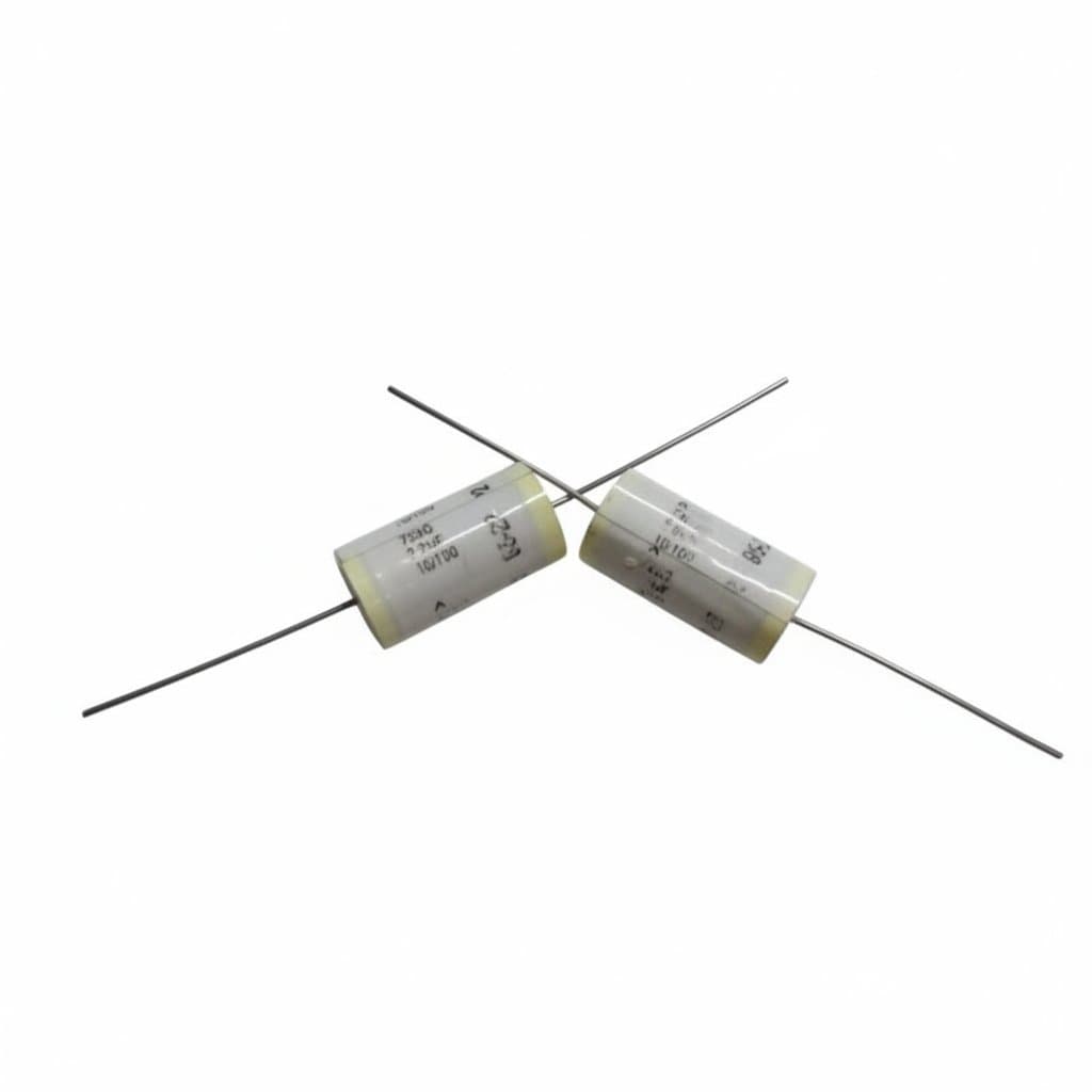 AEROVOX 3.9uf 100v axial film capacitor, 5-piece set showing gold leads and blue epoxy coating for electronic circuits.