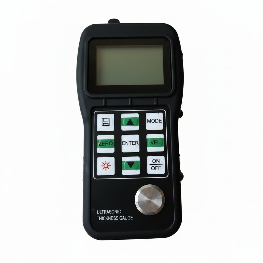 Ultrasonic thickness gauge equipped with a specialized TM-06 probe for high-precision material thickness testing.