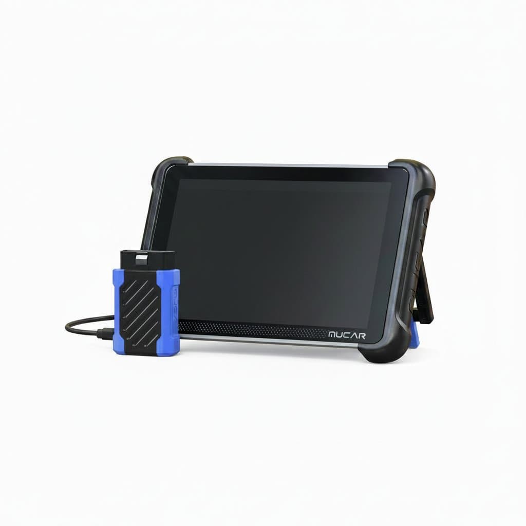 The MUCAR 892BT AI automotive diagnostic tool, a powerful bi-directional OBD2 scanner for ECU coding and key programming, compatible with a spark plug gap tool.