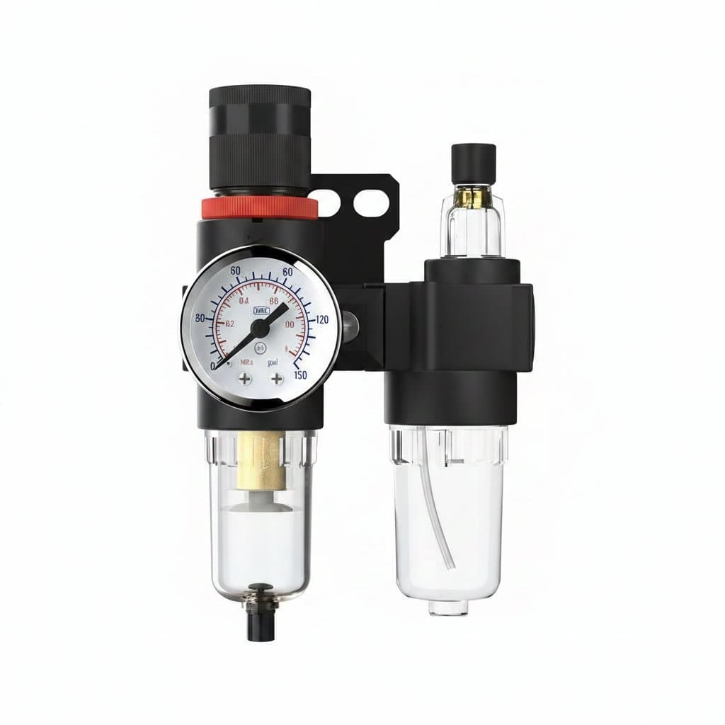 AFC2000 Oil Water Separator Regulator Trap Filter for airbrush and compressor, with 1/4-inch ports and pressure gauge.