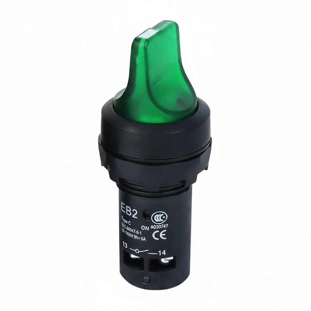 EB2 LED illuminated rotary switch with 22mm mounting, 2 and 3 position latching function for 12V or 220V power control.
