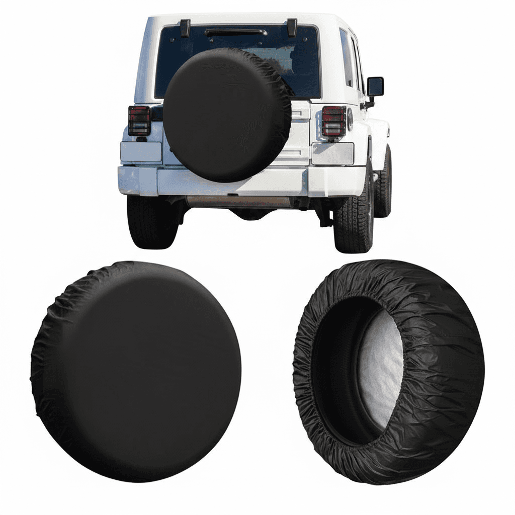 A black Uxcell universal 190T polyester spare tire cover, suitable for various vehicles and wheel spacers.