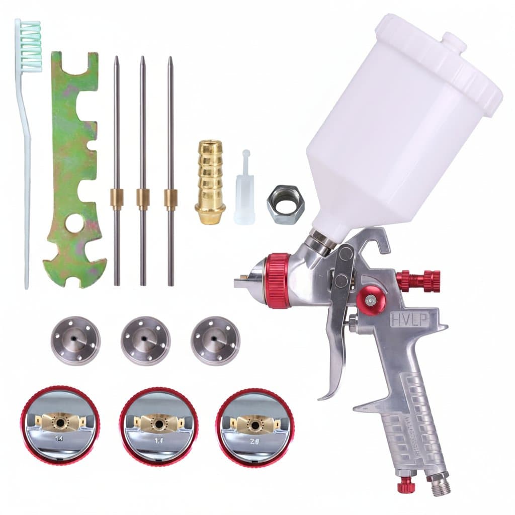Professional HVLP spray gun kit with 600ml gravity feed cup and interchangeable 1.4mm, 1.7mm, and 2.0mm nozzles for car and furniture painting.