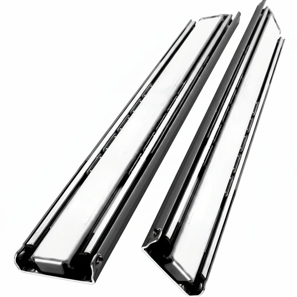 Heavy duty 260 lb locking drawer slides fully extended, showing three-fold ball bearing steel rails and mounting hardware for smooth full extension.