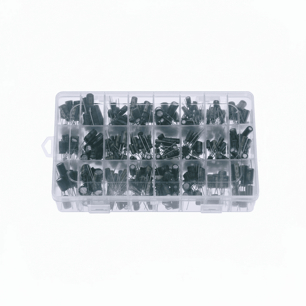 Aluminum electrolytic capacitor assortment with voltages from 10v to 50v and capacitance values from 0.1uf to 1000uf