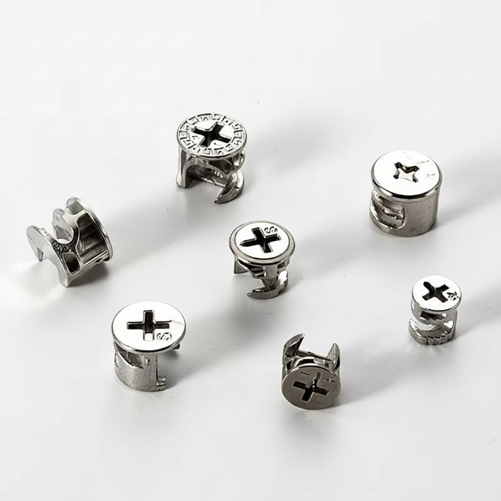 A set of 20 eccentric wheel three-in-one connector nuts with screws for furniture drawer and wardrobe assembly, featuring 15mm fittings.