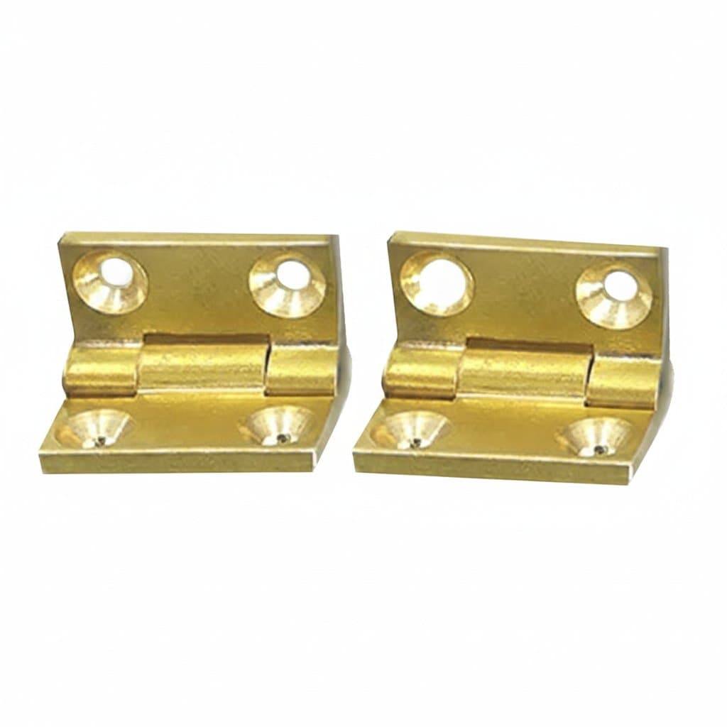 Pair of solid brass butt hinges measuring 19x12.5mm for jewelry chests, wooden boxes, and fine furniture.