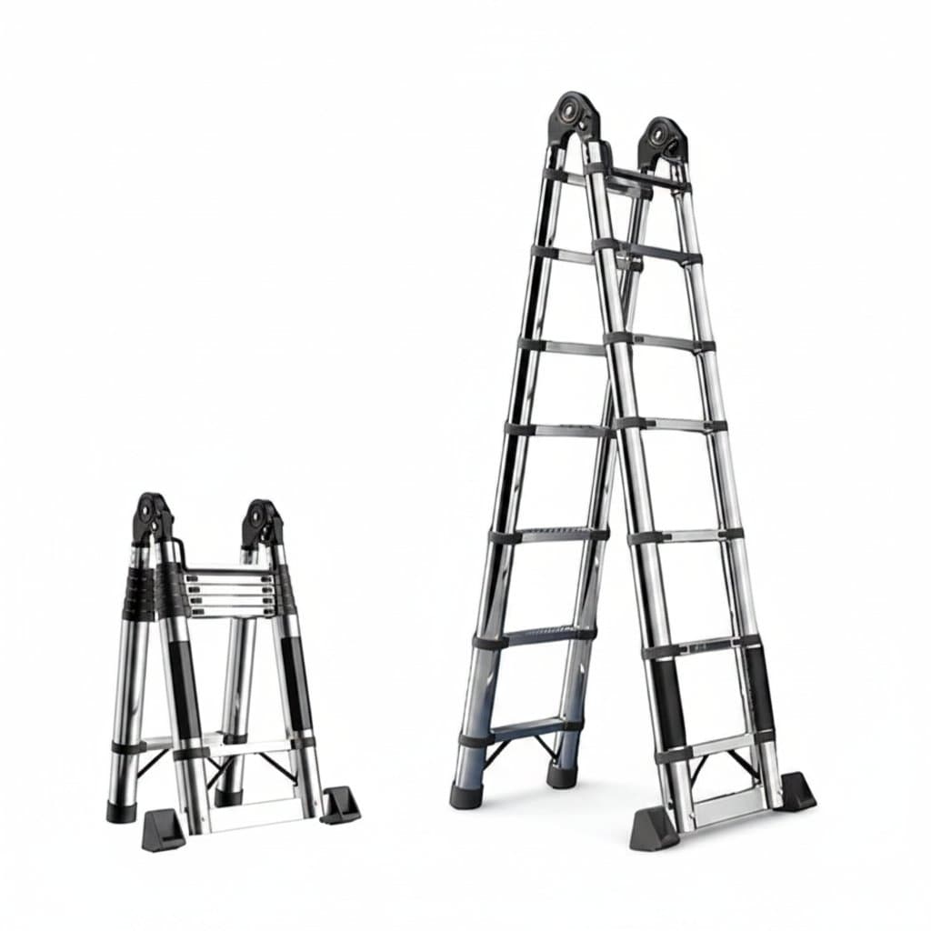 16ft stainless steel telescopic ladder with an 8ft A-frame folding option, 330lbs capacity, collapsible with safety locks for outdoor tasks.