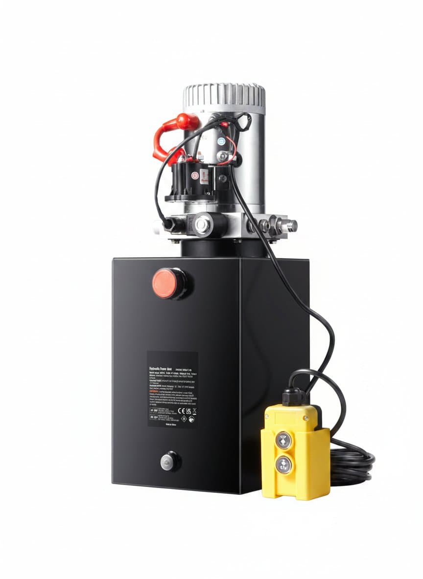SucceBuy 12 Quart Hydraulic Pump for dump trailers, single acting with 0.91 GPM flow and 3200 PSI max relief pressure.