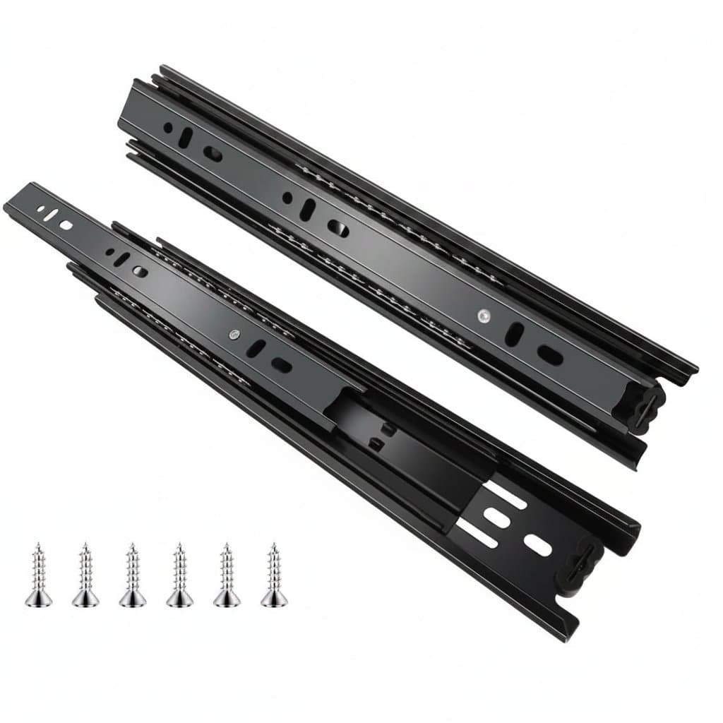 Black heavy duty ball bearing drawer slides for smooth full extension, featuring easy installation steel rails for wardrobes and cabinets.