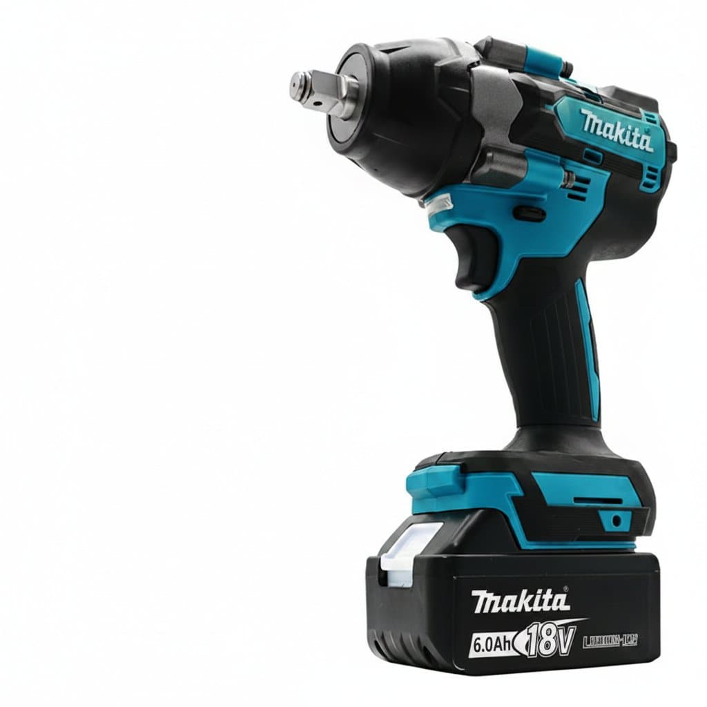 Makita DTW700 18V Brushless Cordless Wrench Drill with high torque, showing the tool, battery, and case on a workbench.