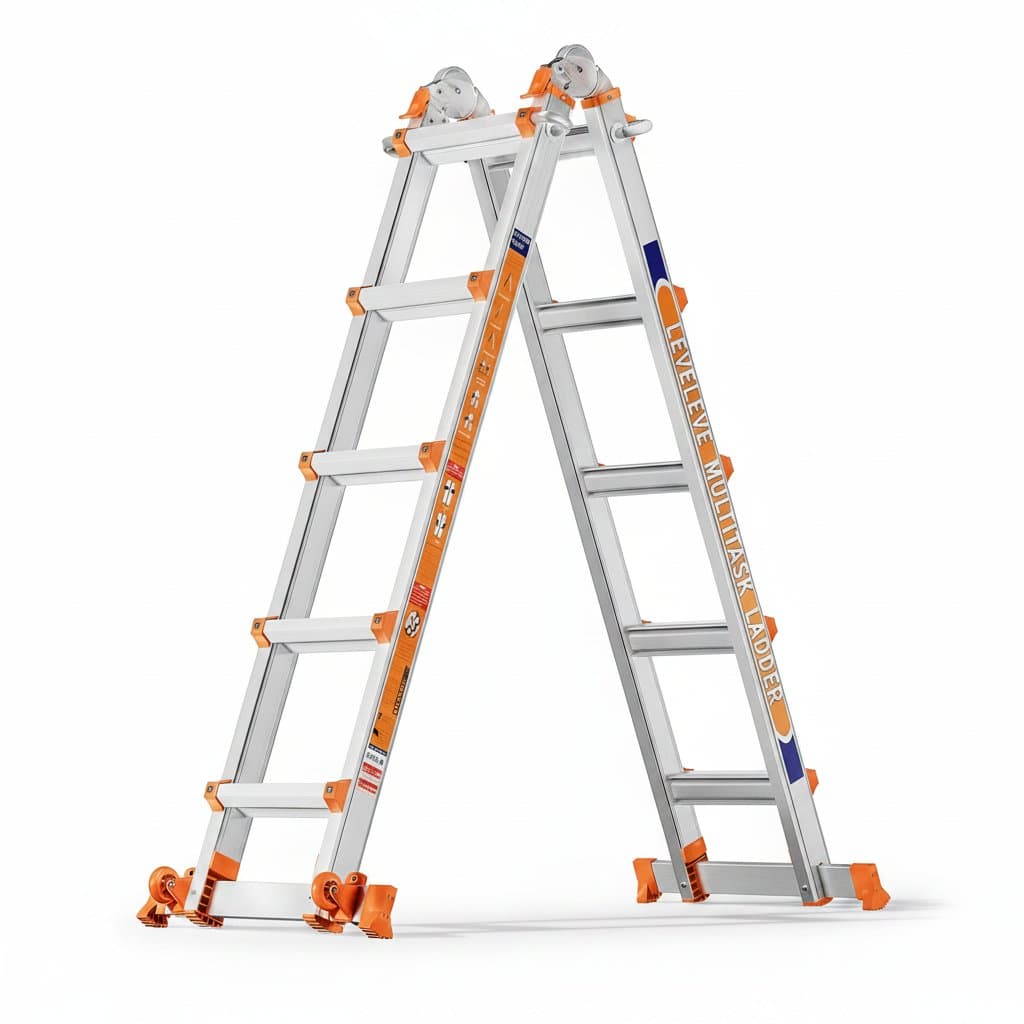 LEVELEVE telescoping A-frame ladder extends to 17 feet with multiple positions, includes a stabilizer bar and wheels for secure 330-pound load capacity.