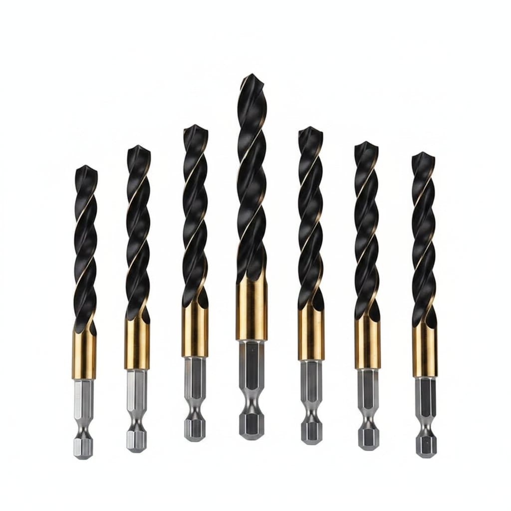 Premium cobalt carbide tip hex shank drill bit set for wood and metal, sizes 1.5mm to 7.5mm, with flat core drilling design.