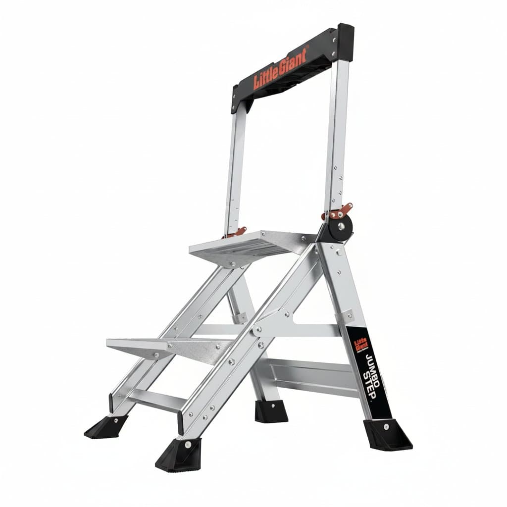 Silver aluminum 2-step jumbo step ladder with wide steps, type 1AA rating, and a 375 lb load capacity.