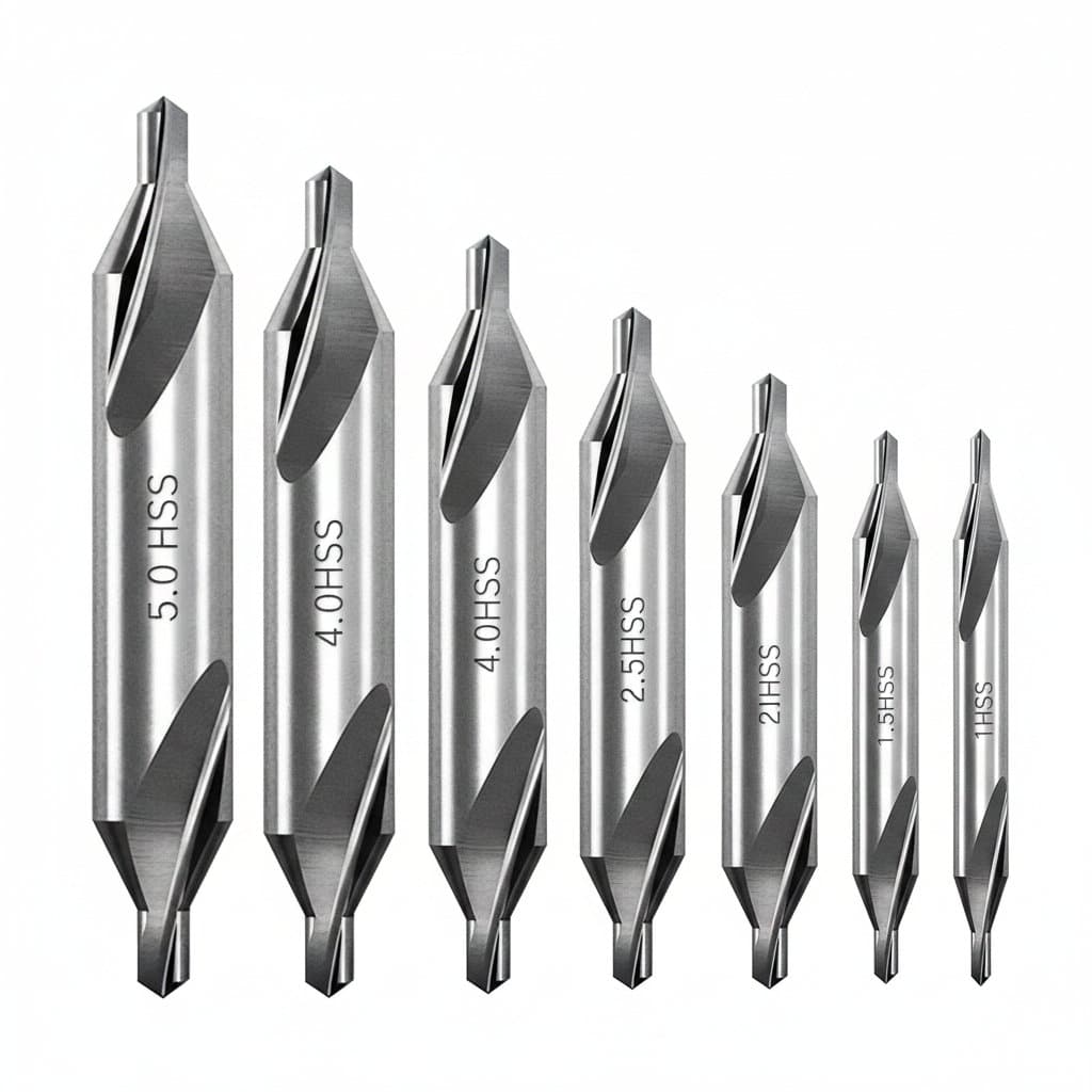 7-piece HSS center drill bit set with 60-degree points for lathe and metalworking. Sizes from 1-5mm for precision centering.