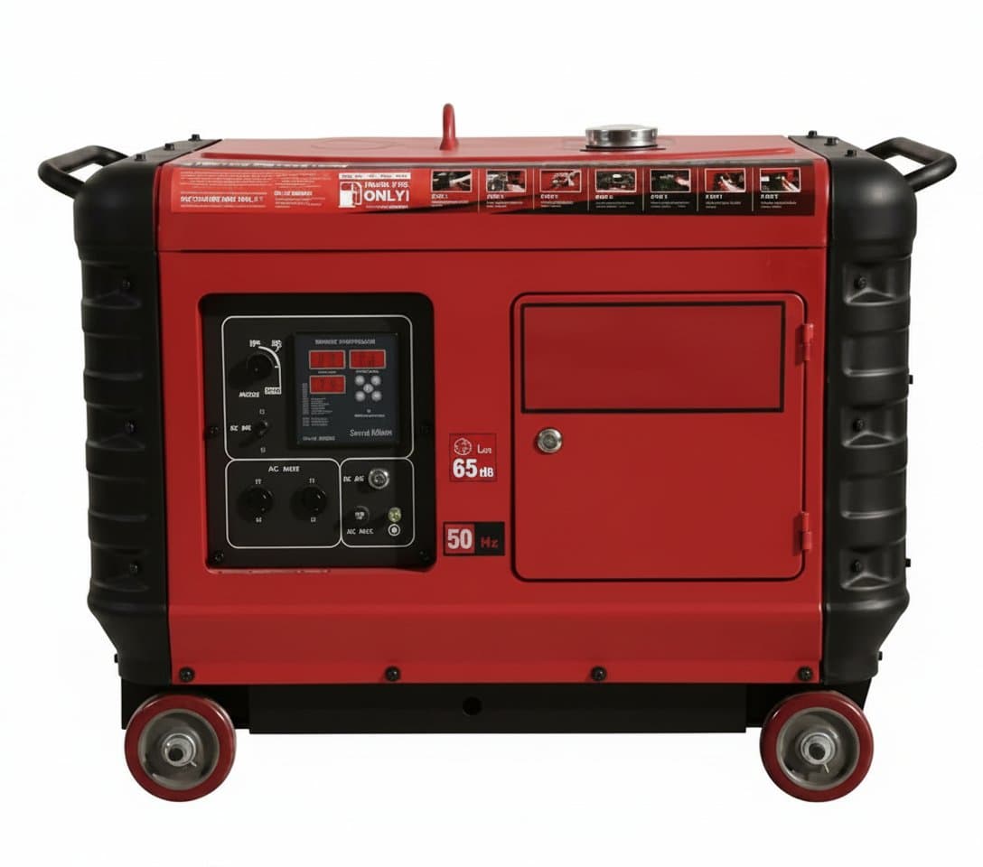 Silent diesel generator for jobsite power, featuring a compact portable design with a 230V outlet for ready-to-use temporary electricity.