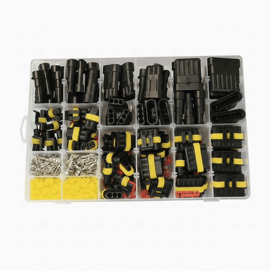 Waterproof automotive connector kit with 240 to 1004 pieces, featuring male and female terminal plugs with 1 to 6 pin holes for secure wire harness connections.