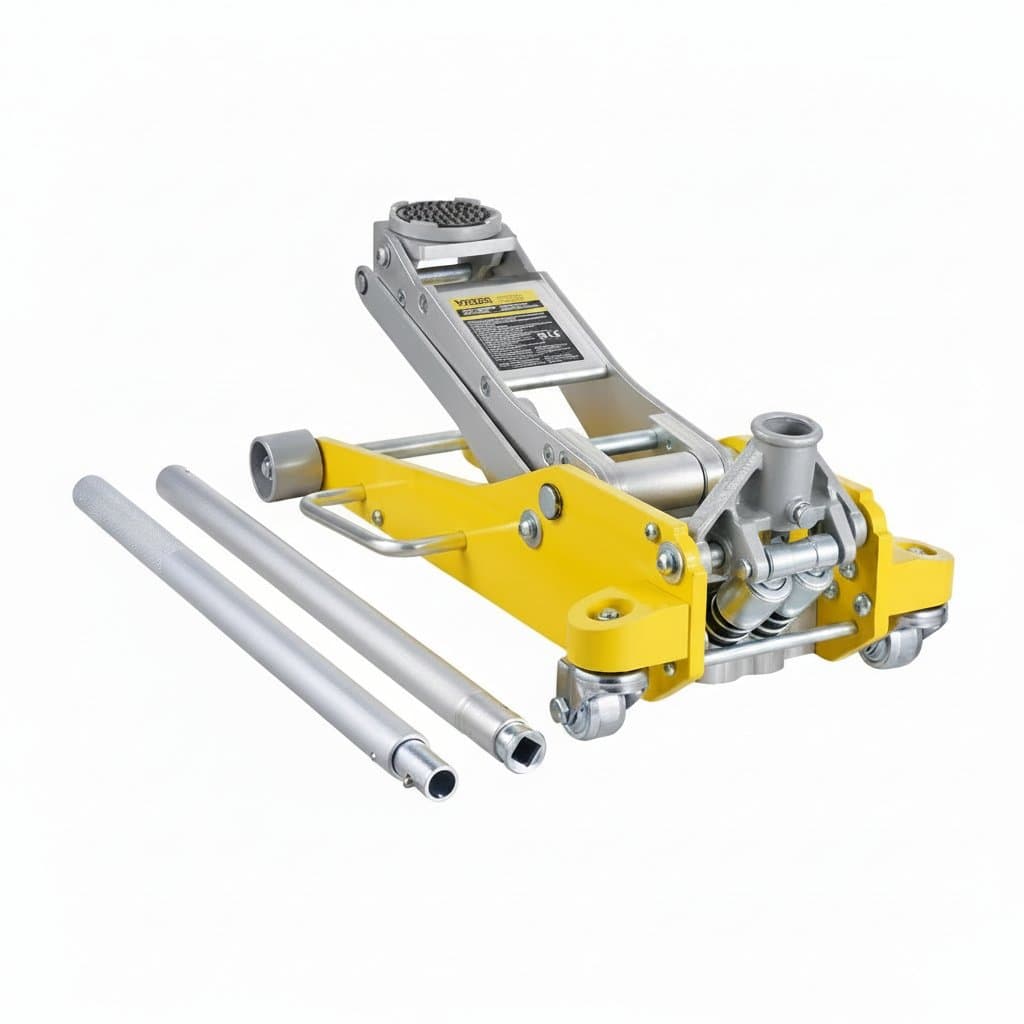 A SucceBuy 3T/2T aluminum hydraulic racing car jack for changing tires with a dual piston quick lift pump.