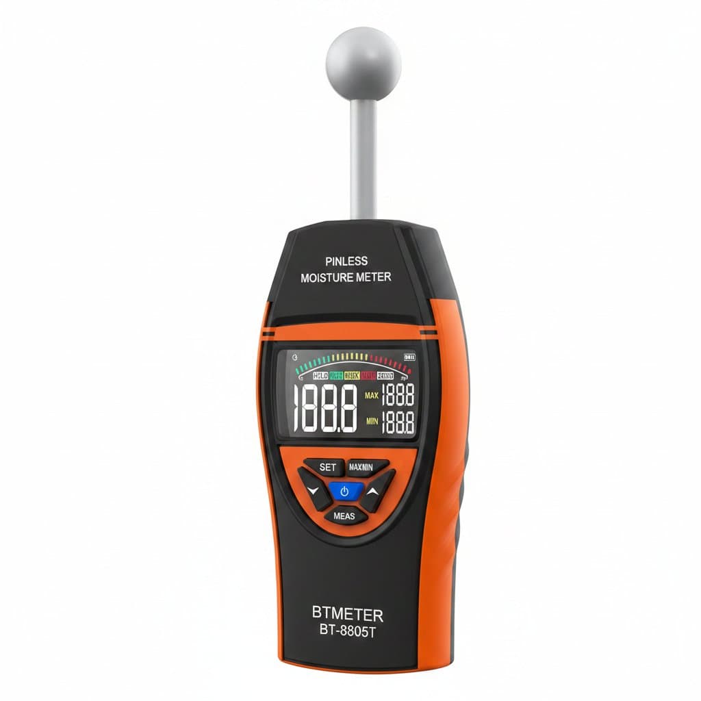 8805T digital pinless wood moisture meter with non-contact detection, LCD screen display, and alarm function for timber humidity testing.